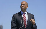 Senator Cory Booker speaks during a news conference in Hoboken, New Jersey, May 6, 2021. (Seth Wenig/AP)