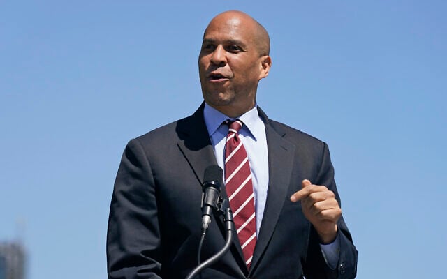 Senator Cory Booker speaks during a news conference in Hoboken, New Jersey, May 6, 2021. (Seth Wenig/AP)