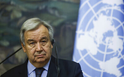 UN Secretary-General Antonio Guterres attends a joint news conference with Russian Foreign Minister Sergey Lavrov following the talks in Moscow, Russia, Wednesday, May 12, 2021. (Maxim Shemetov, Pool via AP)