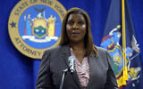 New York Attorney General Letitia James is shown at a news conference at her office, in New York, Friday, May 21, 2021. (AP Photo/Richard Drew)