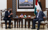 Palestinian Authority President Mahmoud Abbas, right, meets with US Secretary of State Antony Blinken, in the West Bank city of Ramallah, May 25, 2021. (AP Photo/Majdi Mohammed, Pool)