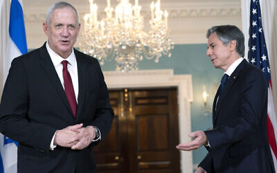 US Secretary of State Antony Blinken (right) gestures to Defense Minister Benny Gantz, on June 3, 2021, at the State Department in Washington, DC. (AP Photo/Jacquelyn Martin)