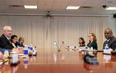 US Secretary of Defense Lloyd Austin, right, hosts a bilateral meeting with Defense Minister Benny Gantz, left, at the Pentagon in Washington on June 3, 2021. (AP Photo/Andrew Harnik)