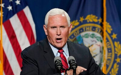 Former US vice president Mike Pence speaks at the annual Hillsborough County NH GOP Lincoln-Reagan Dinner, June 3, 2021, in Manchester, New Hampshire. (AP Photo/Elise Amendola)