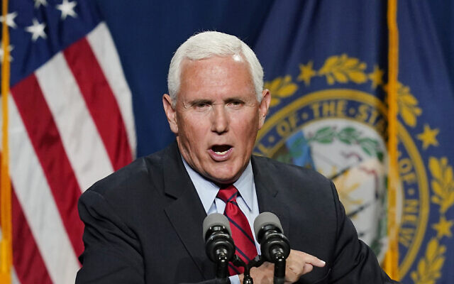 Former US vice president Mike Pence speaks at the annual Hillsborough County NH GOP Lincoln-Reagan Dinner, June 3, 2021, in Manchester, New Hampshire. (AP Photo/Elise Amendola) Former US vice president Mike Pence speaks at the annual Hillsborough County NH GOP Lincoln-Reagan Dinner, June 3, 2021, in Manchester, New Hampshire. (AP Photo/Elise Amendola)