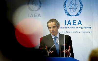 Director General of the International Atomic Energy Agency Rafael Mariano Grossi addresses the media during a news conference regarding the agency's monitoring of Iran's nuclear energy program at the International Center in Vienna, Austria, on Monday, June 7, 2021. (AP Photo/Lisa Leutner)