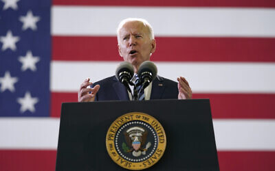 US President Joe Biden speaks to American service members at RAF Mildenhall in Suffolk, England, June 9, 2021. (AP Photo/ Patrick Semansky)