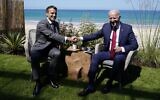 US President Joe Biden and French President Emmanuel Macron meet during a bilateral meeting at the G-7 summit, Saturday, June 12, 2021, in Carbis Bay, England. (AP Photo/Patrick Semansky)