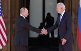 US President Joe Biden and Russian President Vladimir Putin, arrive to meet at the 'Villa la Grange,' June 16, 2021, in Geneva, Switzerland. (AP Photo/Patrick Semansky)