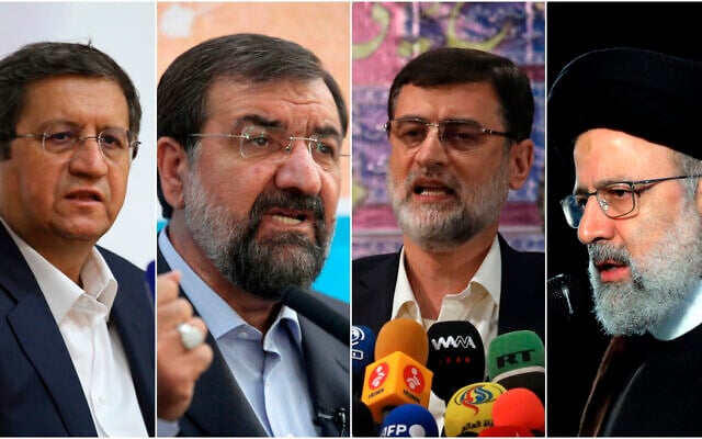 This combination of four photos shows candidates for the June 18, 2021, Iranian presidential elections from left to right; Abdolnasser Hemmati, Mohsen Rezaei, Amir Hossein Ghazizadeh Hashemi and Ebrahim Raisi. (AP Photo) This combination of four photos shows candidates for the June 18, 2021, Iranian presidential elections from left to right; Abdolnasser Hemmati, Mohsen Rezaei, Amir Hossein Ghazizadeh Hashemi and Ebrahim Raisi. (AP Photo)