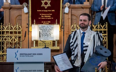 Zsolt Balla, state rabbi of Saxony, stands in the synagogue in Leipzig, Germany, on June 21, 2021, after his induction into the office of Military Rabbi of the Armed Forces. (Hendrik Schmidt/dpa via AP)