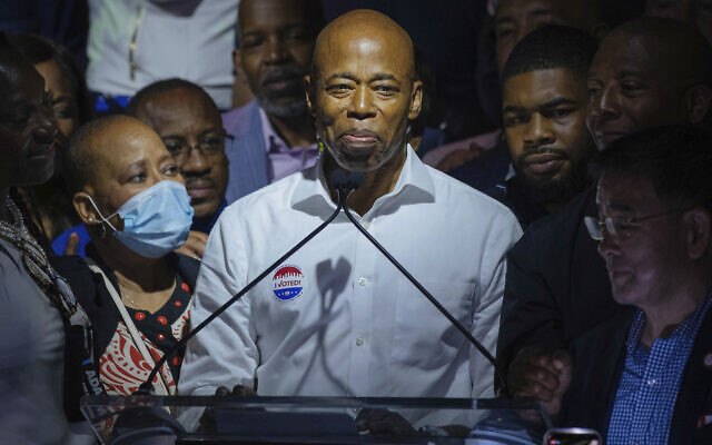 Democratic mayoral candidate Eric Adams speaks at his primary election night party, June 22, 2021, in New York. (AP Photo/Kevin Hagen). Democratic mayoral candidate Eric Adams speaks at his primary election night party, June 22, 2021, in New York. (AP Photo/Kevin Hagen).