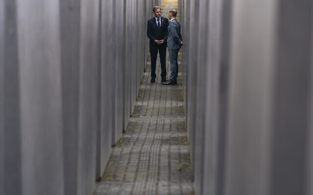 US Secretary of State Antony Blinken, left, and German Minister of Foreign Affairs Heiko Maas, right, speak together as they walk through the Memorial to the Murdered Jews of Europe following a ceremony for the launch of a U.S.-Germany Dialogue on Holocaust Issues in Berlin, June 24, 2021. (AP Photo/Andrew Harnik, Pool) US Secretary of State Antony Blinken, left, and German Minister of Foreign Affairs Heiko Maas, right, speak together as they walk through the Memorial to the Murdered Jews of Europe following a ceremony for the launch of a U.S.-Germany Dialogue on Holocaust Issues in Berlin, June 24, 2021. (AP Photo/Andrew Harnik, Pool)