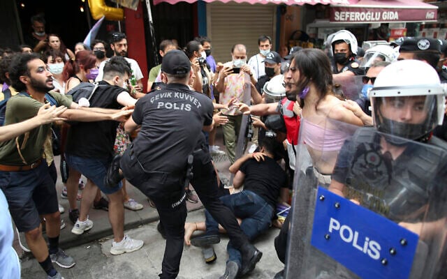 Protesters are detained by police in central Istanbul, on June 26, 2021. (AP Photo/Emrah Gurel) Protesters are detained by police in central Istanbul, on June 26, 2021. (AP Photo/Emrah Gurel)
