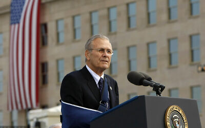 Former defense secretary Donald Rumsfeld speaks at the dedication of Pentagon Memorial, September 11, 2008. (AP Photo/Pablo Martinez Monsivais, File)