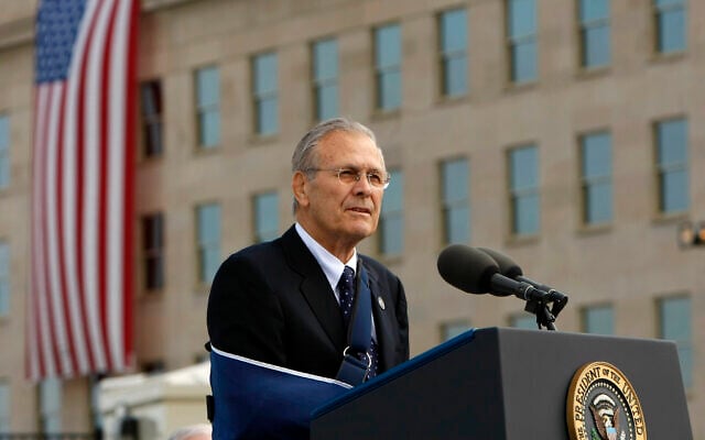 Former defense secretary Donald Rumsfeld speaks at the dedication of Pentagon Memorial, September 11, 2008. (AP Photo/Pablo Martinez Monsivais, File) Former defense secretary Donald Rumsfeld speaks at the dedication of Pentagon Memorial, September 11, 2008. (AP Photo/Pablo Martinez Monsivais, File)