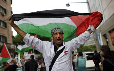 Illustrative: A man holding up a Palestinian flag shouts slogans during a protest against Israeli army strikes in the Gaza strip, Friday, Aug. 1, 2014, in Lisbon.   (AP Photo/Francisco Seco)