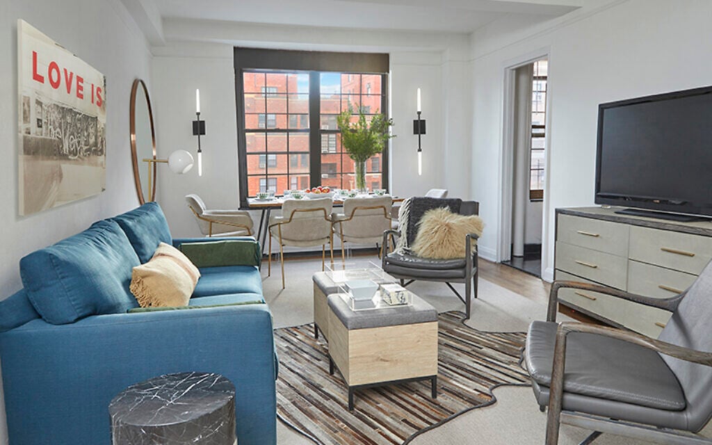 Living room designed by Stacey Herman's Stripe Street Studio for divorced dad Eric's home. (Anastassios Mentis Photography)