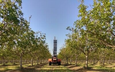 Edete Precision Technologies for Agriculture's automated pollination machines among pistachio trees (Courtesy) Edete Precision Technologies for Agriculture's automated pollination machines among pistachio trees (Courtesy)