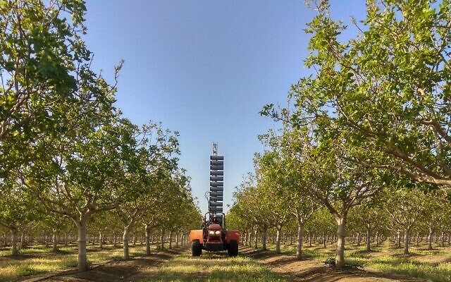 Edete Precision Technologies for Agriculture's automated pollination machines among pistachio trees (Courtesy) Edete Precision Technologies for Agriculture's automated pollination machines among pistachio trees (Courtesy)