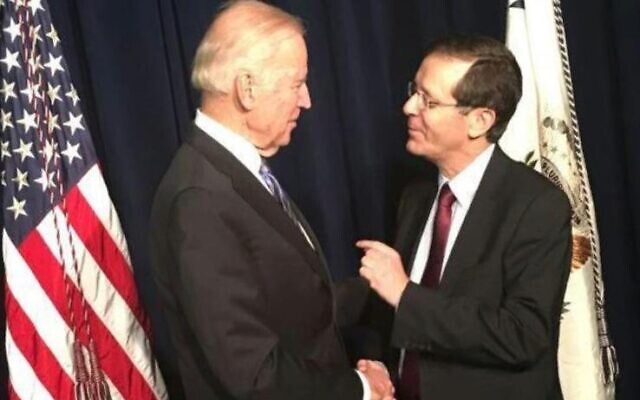 Then-US Vice President Joe Biden (left) with then Opposition chairman Isaac Herzog. in 2015 (Isaac Herzog/Twitter) Then-US Vice President Joe Biden (left) with then Opposition chairman Isaac Herzog. in 2015 (Isaac Herzog/Twitter)