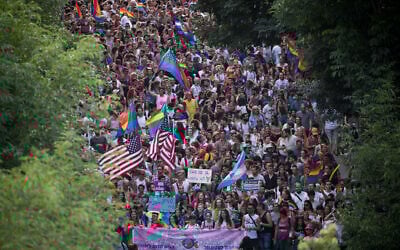 Thousands of people take part in the annual Gay Pride Parade in Jerusalem, on June 6, 2019. (Yonatan Sindel/Flash90)
