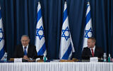 Prime Minister Benjamin Netanyahu and  newly appointed ambassador to the UN and the US Gilad Erdan attend the weekly cabinet meeting, at the Ministry of Foreign Affairs in Jerusalem on July 5, 2020.  (Amit Shabi/POOL)