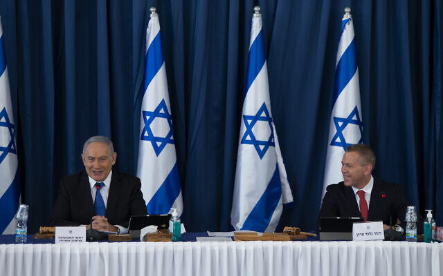 Prime Minister Benjamin Netanyahu and newly appointed ambassador to the UN and the US Gilad Erdan attend the weekly cabinet meeting, at the Ministry of Foreign Affairs in Jerusalem on July 5, 2020. (Amit Shabi/POOL) Prime Minister Benjamin Netanyahu and newly appointed ambassador to the UN and the US Gilad Erdan attend the weekly cabinet meeting, at the Ministry of Foreign Affairs in Jerusalem on July 5, 2020. (Amit Shabi/POOL)