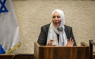 Then-MK Iman Khatib-Yasin speaks during a plenary session at the Knesset, on August 24, 2020. (Oren Ben Hakoon/POOL)