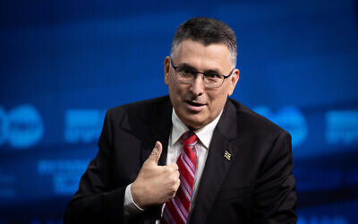 Gideon Sa'ar, head of the New Hope party, speaks at a conference in Jerusalem on March 7, 2021. (Yonatan Sindel/Flash90)