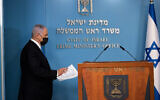 Then Prime Minister Benjamin Netanyahu at the Prime Minister's Office in Jerusalem, on April 20, 2021. (Yonatan Sindel/Flash90)
