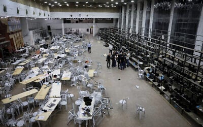 The site where a synagogue bleacher collapsed in a syngogue in the Givat Zeev neighborhood of Jerusalem, leaving at least 2 killed and injuring around 160 more, a few in serious condition, on the eve of the Jewish holiday of Shavuot. May 16, 2021. (Noam Revkin Fenton/FLASH90)