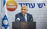 Head of the Yesh Atid party Yair Lapid speaks during a faction meeting at the Knesset, on May 31, 2021. (Yonatan Sindel/Flash90)