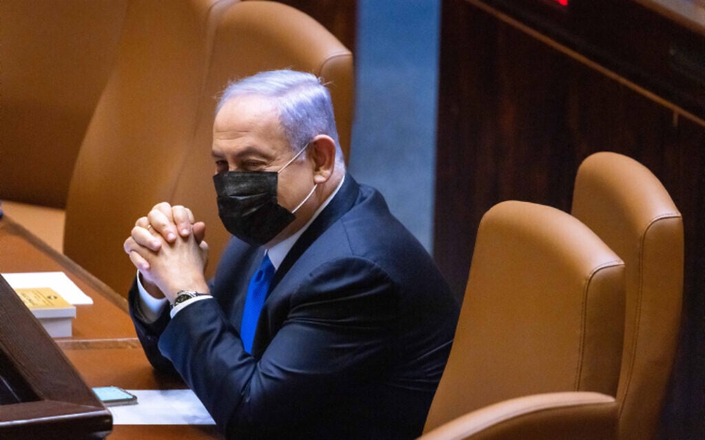 Prime Minister Benjamin Netanyahu seen in the plenum hall of the Israeli parliament during the voting in the presidential elections, in Jerusalem, June 2, 2021. (Olivier Fitoussi/Flash90)