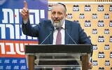 Shas head Aryeh Deri gives a press statement (together with UTJ MK Moshe Gafni and Yaakov Litzman) at the Knesset, June 8, 2021. (Yonatan Sindel/Flash90)