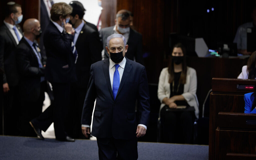 Benjamin Netanyahu at the swearing in of the new Israeli government, in the Knesset in Jerusalem on June 13, 2021. (Olivier Fitoussi/FLASH90) Benjamin Netanyahu at the swearing in of the new Israeli government, in the Knesset in Jerusalem on June 13, 2021. (Olivier Fitoussi/FLASH90)