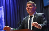 Outgoing foreign minister Gabi Ashkenazi speaks at a ceremony welcoming his replacement, Yair Lapid, at the Foreign Ministry in Jerusalem on June 14, 2021. (Flash90)