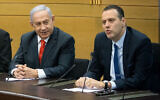 Prime Minister Benjamin Netanyahu (L) and Likud MK Miki Zohar at a meeting of opposition parties in Netanyahu's right wing-religious bloc, at the Knesset in Jerusalem, on June 14, 2021. (Yonatan Sindel/Flash90)