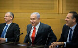 From left to right: MK Yariv Levin, Likud  leader Benjamin Netanyahu and MK Miki Zohar at the Knesset on June 14, 2021. (Yonatan Sindel/Flash90)