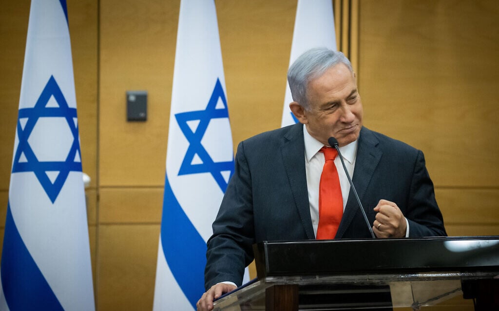 Opposition leader Benjamin Netanyahu leads a meeting of right-wing parties in the Knesset on June 14, 2021. (Yonatan Sindel/Flash90) Opposition leader Benjamin Netanyahu leads a meeting of right-wing parties in the Knesset on June 14, 2021. (Yonatan Sindel/Flash90)