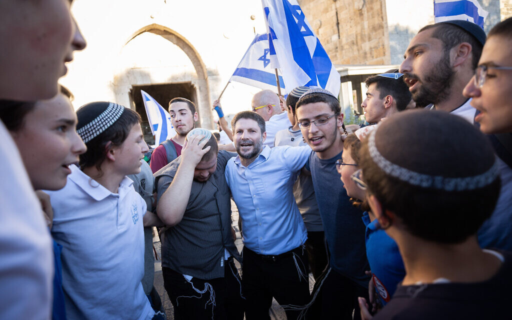 Religious Zionist leader Bezalel Smotrich takes part in the flag march at the Damascus Gate in Jerusalem's Old City, June 15, 2021. (Yonatan Sindel/Flash90)