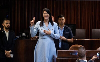 Shirley Pinto, the first deaf Knesset member, during a swearing-in ceremony of new Israeli parliament members at the Knesset on June 16, 2021. (Yonatan Sindel/ Flash90)