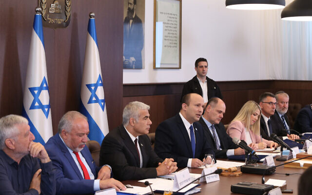 Prime Minister Naftali Bennett leads a cabinet meeting at the Prime Minister's Office in Jerusalem on June 20, 2021. (Amit Shabi/POOL) Prime Minister Naftali Bennett leads a cabinet meeting at the Prime Minister's Office in Jerusalem on June 20, 2021. (Amit Shabi/POOL)