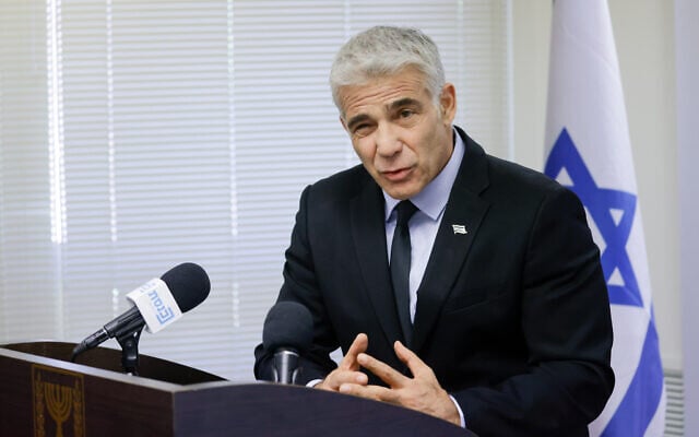 Foreign Minister Yair Lapid speaks during a faction meeting of his Yesh Atid party at the Knesset, on June 21, 2021. (Olivier Fitoussi/Flash90) Foreign Minister Yair Lapid speaks during a faction meeting of his Yesh Atid party at the Knesset, on June 21, 2021. (Olivier Fitoussi/Flash90)