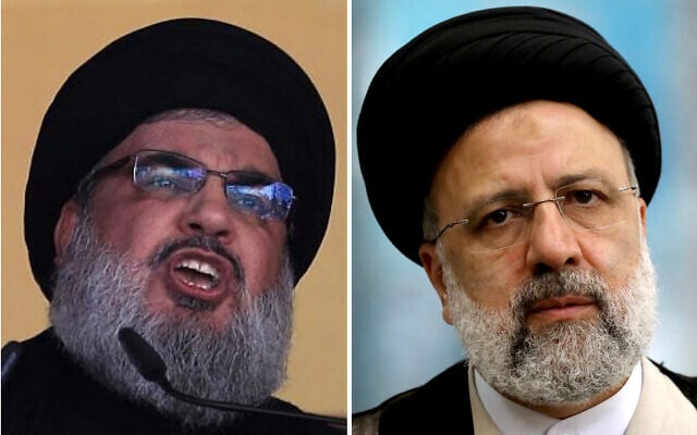 (R) In this October 24, 2015 photo, Hezbollah leader Hassan Nasrallah addresses a crowd in Beirut, Lebanon. (AP Photo/Hassan Ammar, File)/(L) Ebrahim Raisi in Tehran, Iran, June 18, 2021 (AP Photo/Ebrahim Noroozi) (R) In this October 24, 2015 photo, Hezbollah leader Hassan Nasrallah addresses a crowd in Beirut, Lebanon. (AP Photo/Hassan Ammar, File)/(L) Ebrahim Raisi in Tehran, Iran, June 18, 2021 (AP Photo/Ebrahim Noroozi)