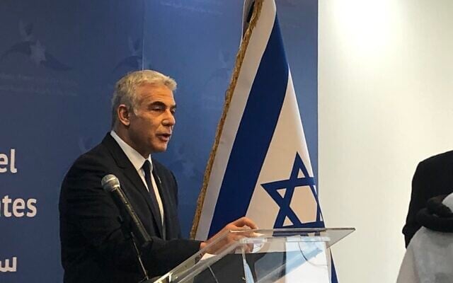 Foreign Minister Yair Lapid speaks at the inauguration of Israel's embassy in Abu Dhabi, June 29, 2021. (Lazar Berman/Times of Israel)