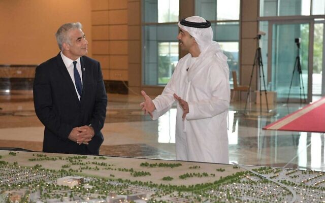 Foreign Minister Yair Lapid (L) and his Emirati counterpart Abdullah bin Zayed Al Nahyan meet at the UAE Foreign Ministry in Abu Dhabi, on June 29, 2021. (Shlomi Amsalem/GPO) Foreign Minister Yair Lapid (L) and his Emirati counterpart Abdullah bin Zayed Al Nahyan meet at the UAE Foreign Ministry in Abu Dhabi, on June 29, 2021. (Shlomi Amsalem/GPO)