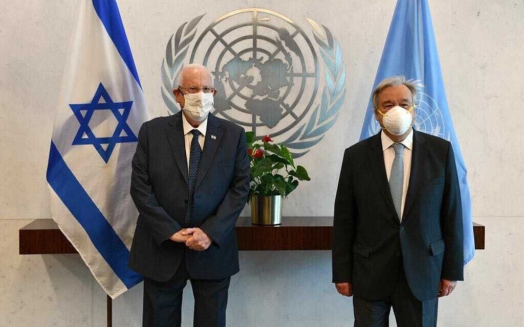 President Reuven Rivlin (L) meets UN Secretary General Antonio Guterres at the United Nations in New York, on June 29, 2021. (Haim Zach/GPO) President Reuven Rivlin (L) meets UN Secretary General Antonio Guterres at the United Nations in New York, on June 29, 2021. (Haim Zach/GPO)