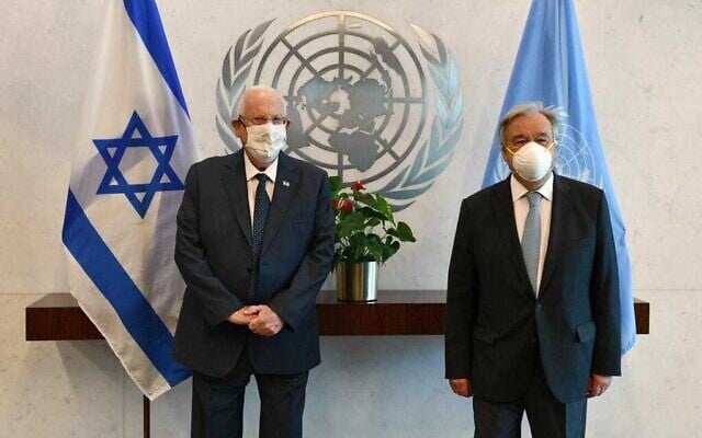 President Reuven Rivlin (L) meets UN Secretary General Antonio Guterres at the United Nations in New York, on June 29, 2021. (Haim Zach/GPO) President Reuven Rivlin (L) meets UN Secretary General Antonio Guterres at the United Nations in New York, on June 29, 2021. (Haim Zach/GPO)
