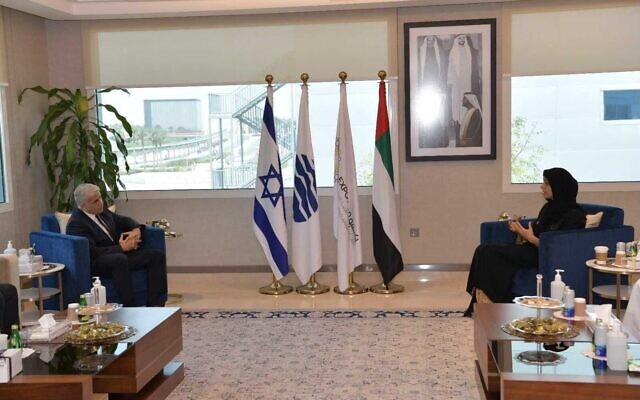 Foreign Minister Yair Lapid (L) meets the UAE’s Minister of State for International Cooperation and Dubai Expo 2020 Director General Reem Al Hashimi, June 30, 2021. (Shlomi Amsalem/GPO) Foreign Minister Yair Lapid (L) meets the UAE’s Minister of State for International Cooperation and Dubai Expo 2020 Director General Reem Al Hashimi, June 30, 2021. (Shlomi Amsalem/GPO)